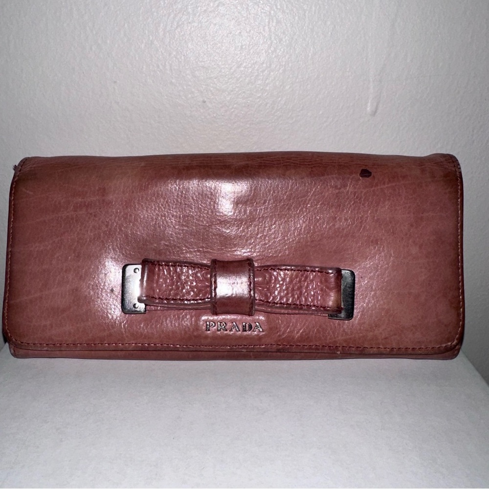 Vtg Prada Zip-Around Wallet Bow Long Leather Salmon Pink Authentic